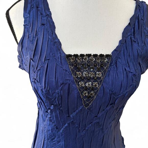 y2k‎ vtg. Midnight Blue Beaded Crinkle Top Blouse kOMAROVsize Medium - Picture 4 of 8